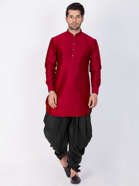 Vastramay Men's Maroon Silk Blend Curved Kurta Dhoti Set